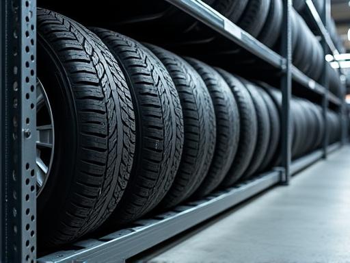 Neatly stacked winter tires in a clean storage rack.